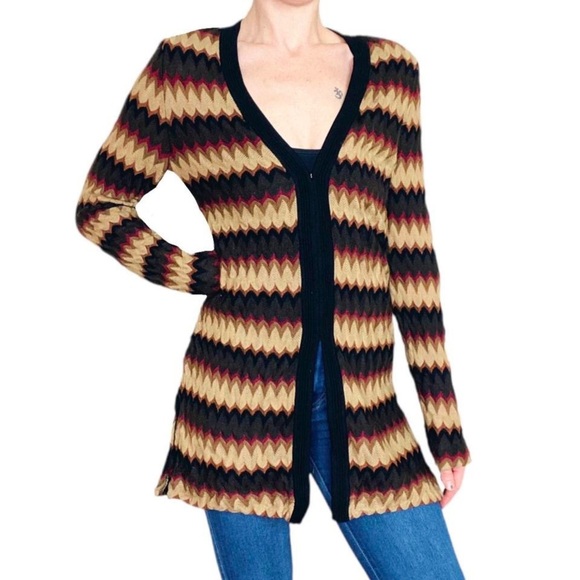 Vintage Y2K Exclusively Misook Brown Neutral Chevron Long Cardigan - Picture 1 of 7